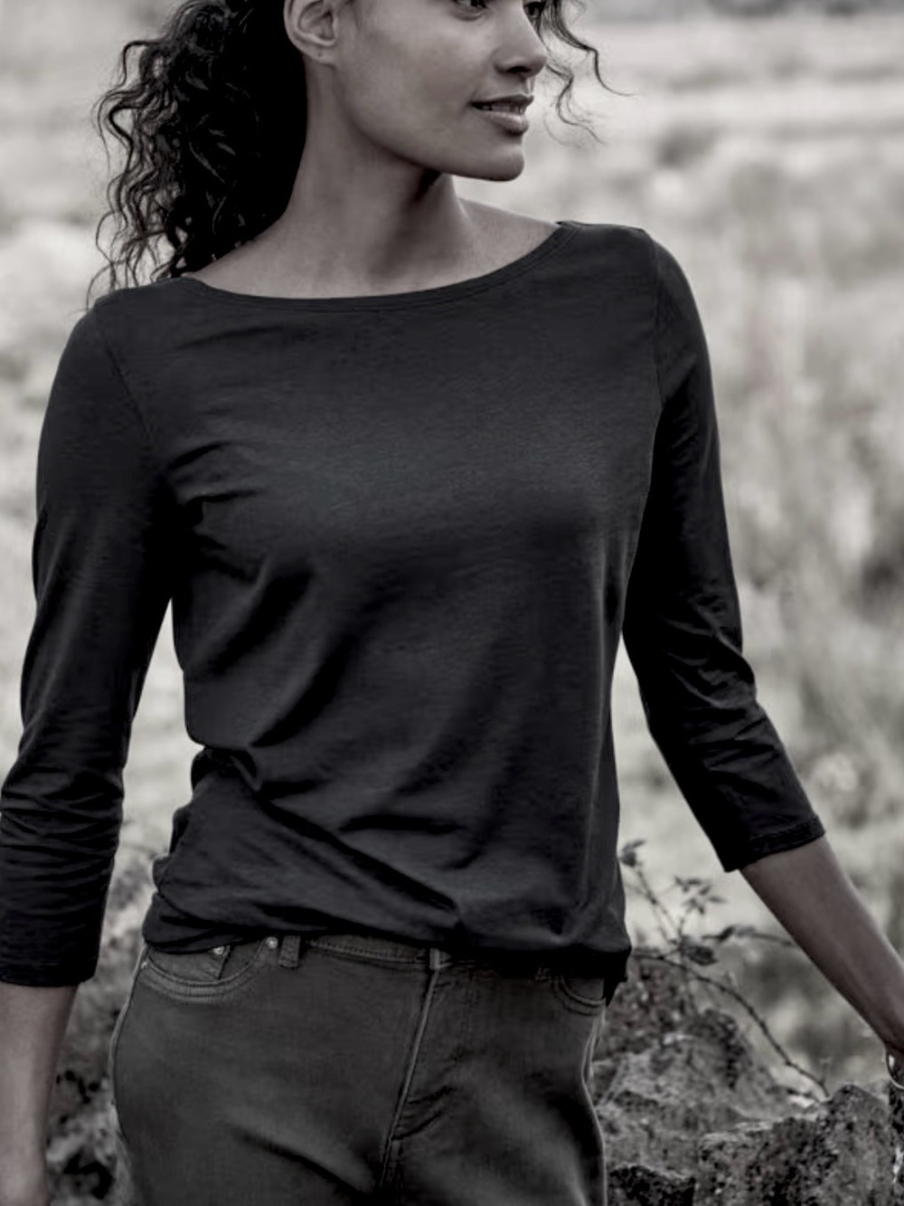 Garnet Hill Essential Boatneck 3/4 Sleeve Top in black